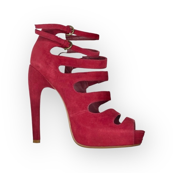 Leon Max 𖣴 Link Suede Platform Gladiator Stilettos Heels 𖣴 Fire Engine Red 𖣴 SJP - Picture 2 of 16